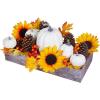 Winlyn Bulk Assorted Artificial White Pumpkins Fall Centerpiece Artificial Maple Leaves in Rectangle Whitewashed Wooden Box Fall Thanksgiving Table Decoration