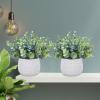 Winlyn Set of 2 Small Faux Potted Plants Artificial Eucalyptus Plant in Chic Gray Geometric Ceramic Pot 7.9″ Tall for Modern Home Table Mantel Shelf Office Desktop Greenery Centerpiece Decorations(White Pot)