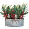 Winlyn 1 Pc Farmhouse Christmas Table Centerpiece Artificial Pine Cedar Berry Pinecone in Oval Metal Planter Holiday Floral Arrangement Christmas Potted Plant 15.7″ for Rustic Home Kitchen Mantel