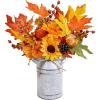 Winlyn 15″ Farmhouse Fall Floral Arrangement in Vintage Galvanized Milk Can Orange Artificial Pumpkin Sunflower Berry Pinecone and Maple Leaf Picks for Autumn Thanksgiving Harvest Table Centerpiece