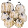 Winlyn 7 Pcs Assorted Sizes Fall Artificial Peach Pink Pumpkins Harvest Faux Foam Light Pink Pumpkins for Fall Autumn Season Halloween Thanksgiving Harvest Festive Tabletop Decoration(Gold Brush White)