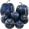 Winlyn 7 Pcs Assorted Sizes Fall Artificial Peach Pink Pumpkins Harvest Faux Foam Light Pink Pumpkins for Fall Autumn Season Halloween Thanksgiving Harvest Festive Tabletop Decoration(Dark Blue)