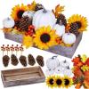 Winlyn Bulk Assorted Artificial White Pumpkins Fall Centerpiece Artificial Maple Leaves in Rectangle Whitewashed Wooden Box Fall Thanksgiving Table Decoration