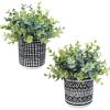 Winlyn Set of 2 Small Faux Potted Plants Artificial Eucalyptus Plant in Chic Gray Geometric Ceramic Pot 7.9″ Tall for Modern Home Table Mantel Shelf Office Desktop Greenery Centerpiece Decorations(Black Pot)