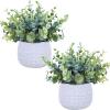 Winlyn Set of 2 Small Faux Potted Plants Artificial Eucalyptus Plant in Chic Gray Geometric Ceramic Pot 7.9″ Tall for Modern Home Table Mantel Shelf Office Desktop Greenery Centerpiece Decorations(White Pot)