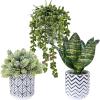 Winlyn Set of 3 Artificial Plants Decor Greenery Fake Succulents Indoor Potted Fake Plant with Black Planter for Farmhouse Room Bathroom Bedroom Kitchen Office Table Desk Decor(White Pots With Pattern)