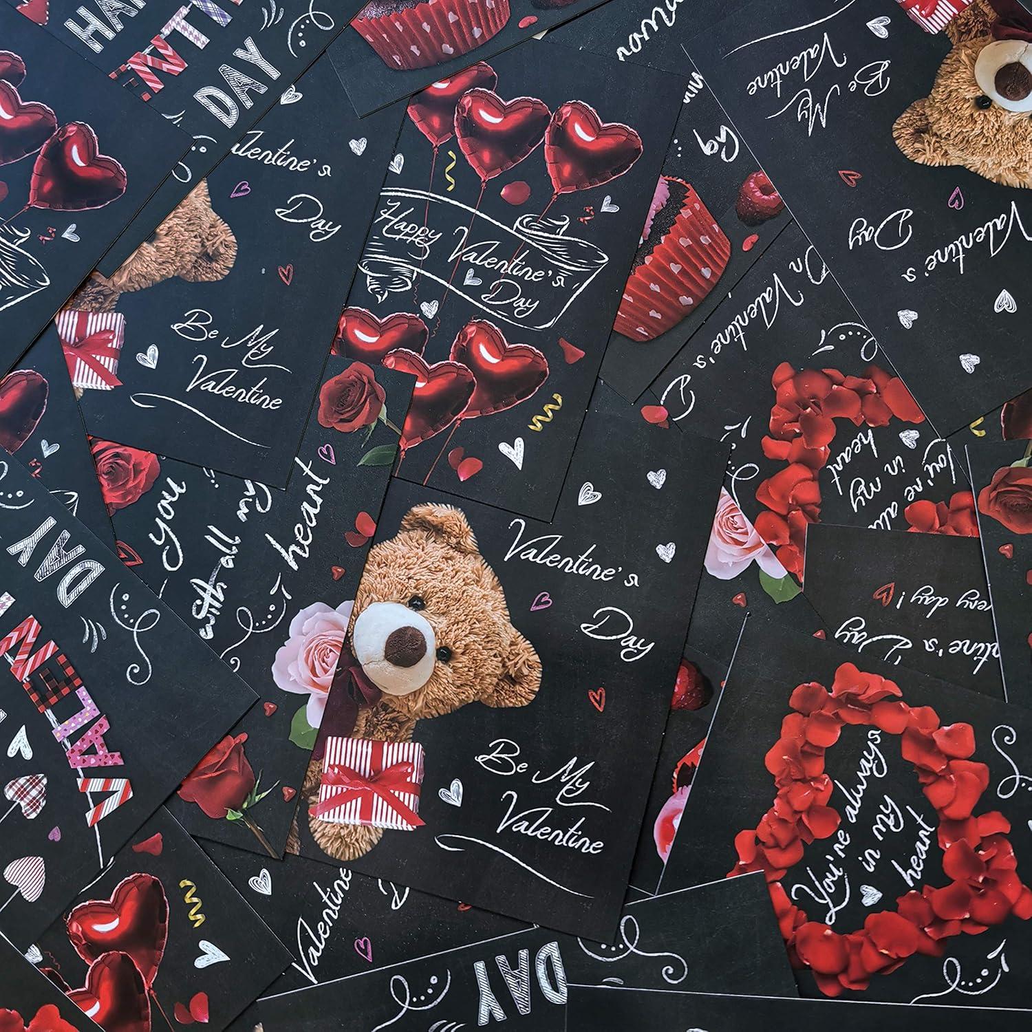 image120 Sets Valentines Day Cards with Envelopes Stickers Assortment Bulk 6 Designs of Blank Vintage Heart Bear Rose Chalkboard Valentines Cards Greeting Cards 4 x 6 for Her Him Valentines Day