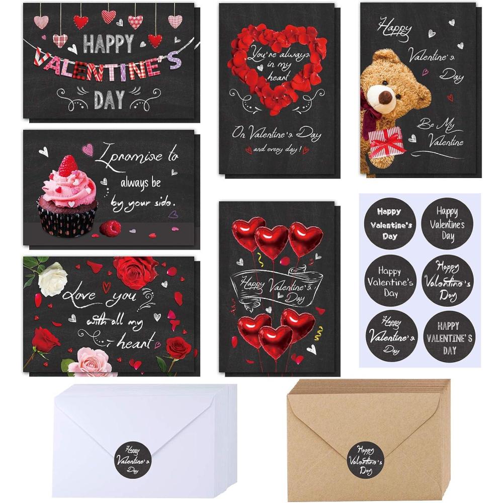 image120 Sets Valentines Day Cards with Envelopes Stickers Assortment Bulk 6 Designs of Blank Vintage Heart Bear Rose Chalkboard Valentines Cards Greeting Cards 4 x 6 for Her Him Valentines Day