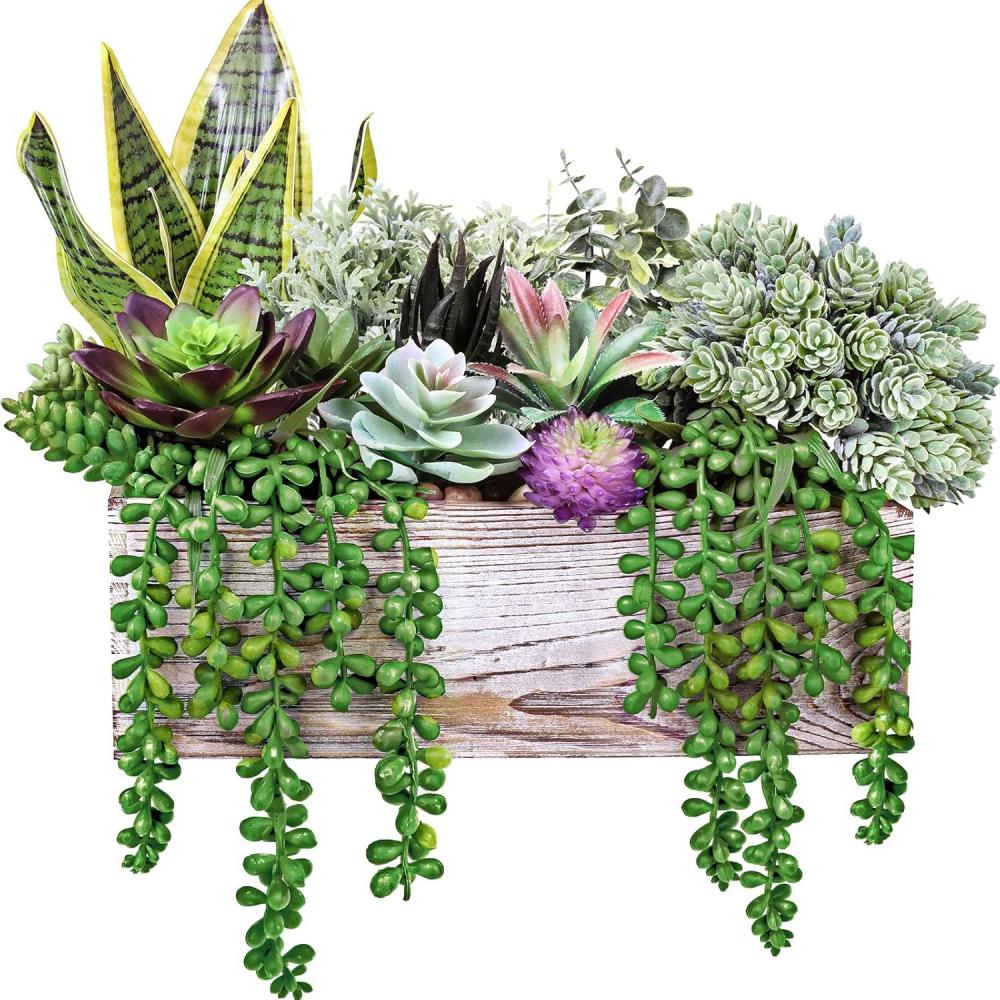 image14 Pcs Assorted Artificial Succulents Fake Plants in Rectangular Wooden Pots Artificial Potted Succulents Plants Arrangement for Table Centerpiece Windowsill Shelf Mantel Tropical Greenery Decor