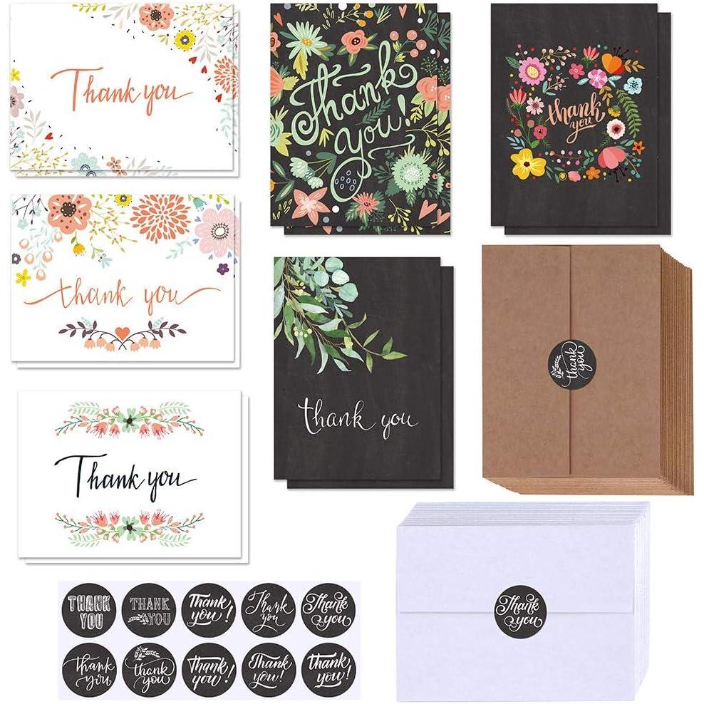 image150 Sets Bulk Blank Thank You Cards with Envelopes Stickers Assortment 6 Design of Floral Watercolor Calligraphy Thank You Greeting Cards Note Cards for Wedding Bridal Baby Shower Thanksgiving Party
