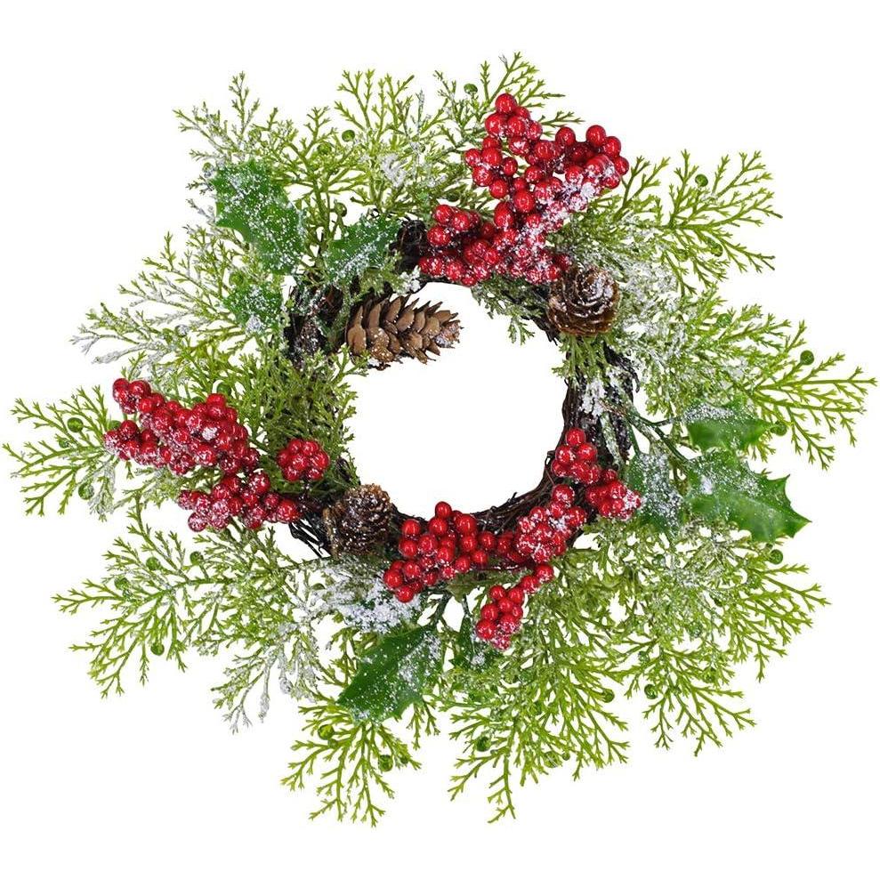 image2 Pcs Artificial Snowy Cedar and Berry Candle Rings Christmas Candle Holder Rings Faux Cedar Twigs Wreath Mini Window Mirror Wreaths 126quot Wide with Pine Cones Holly Leaves for Holiday Season Winter