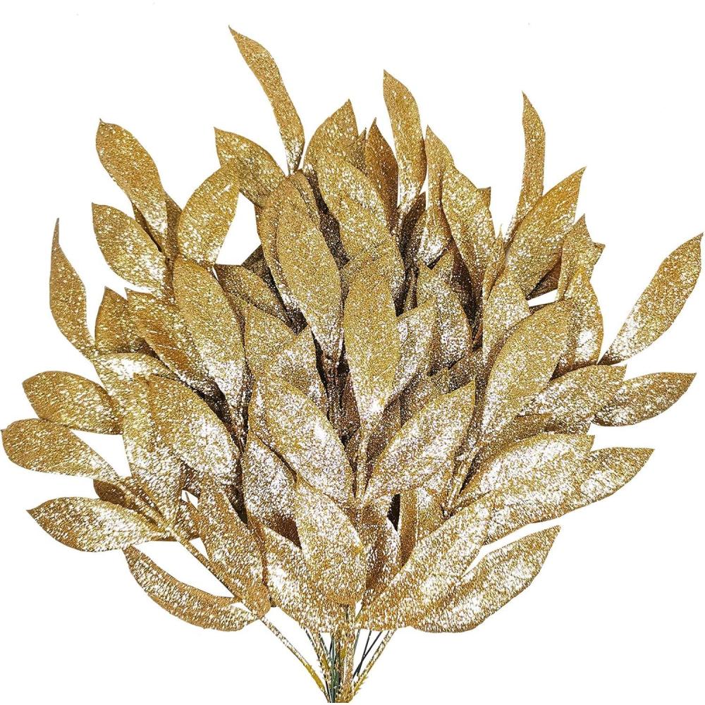 image20 Pieces Gold Glittered Artificial Leaf Spray Picks 12quot Tall for Christmas Winter Wedding Wreath Tree Swag Floral Arrangment Vase Bouquets Table Centerpieces DecorationGold