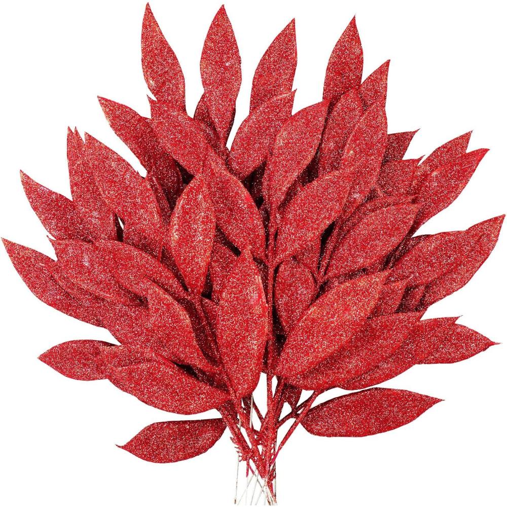 image20 Pieces Gold Glittered Artificial Leaf Spray Picks 12quot Tall for Christmas Winter Wedding Wreath Tree Swag Floral Arrangment Vase Bouquets Table Centerpieces DecorationRed