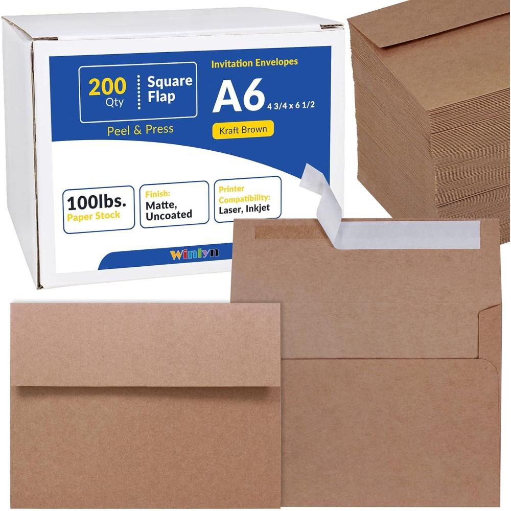 image200 Pcs A6 Invitation Envelopes in Brown Kraft Peel ampamp Seal SelfSeal 4 34 x 6 12 Square Flap Envelopes 100lbfor Wedding Shower Graduation Invitation Announcement Mailing 4 x 6 Photo Greeting CardBrown Kraft