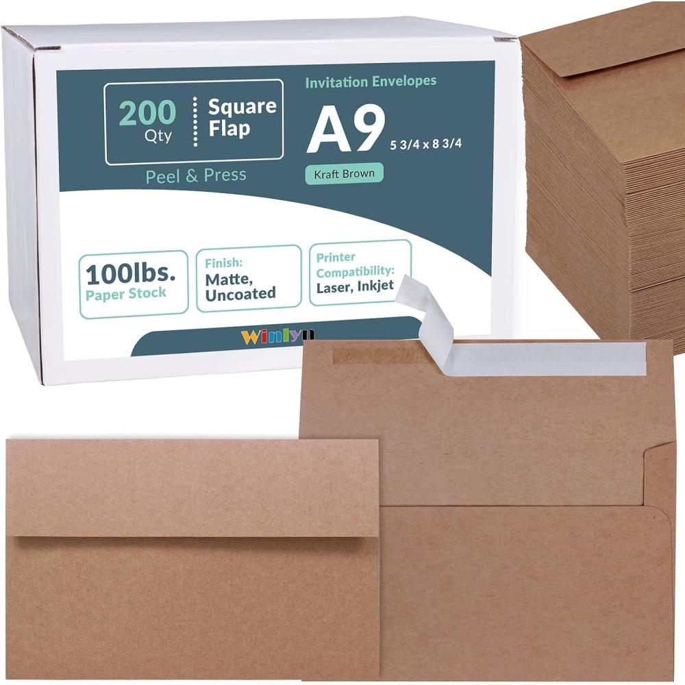 image200 Pcs A9 Invitation Envelopes in Kraft Brown Peel ampamp Press Self Seal 5 34 x 8 34 Square Flap Envelopes 100lb for Wedding Holiday Shower Business Invitations Announcements Mailing Greeting CardsBrown Kraft
