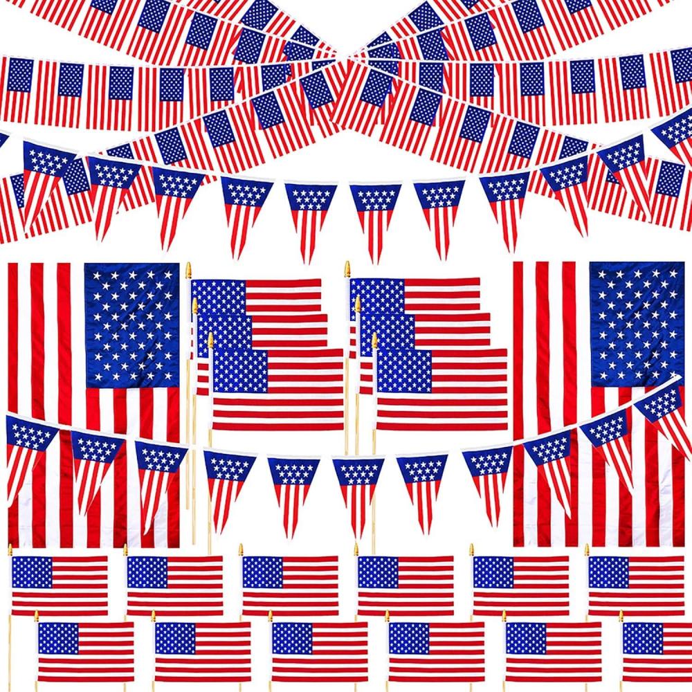 image23 Pcs Assorted Patriotic American Flag Outdoor Decorating Kit USA American Flag Lawn Garden Flag on Sticks Plastic Flag Banner Pennant Banner for 4th of July Patriotic Party Parade Float Decorations