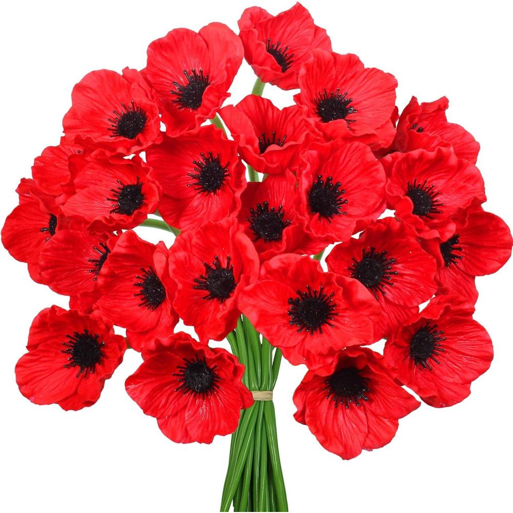 image24 pcs Artificial Red Flower Stems PU Real Touch Flower Fake Flowers in Red with Black Center 116quot Tall for Wedding Bouquets Corsages Centerpiece Floral Arrangements