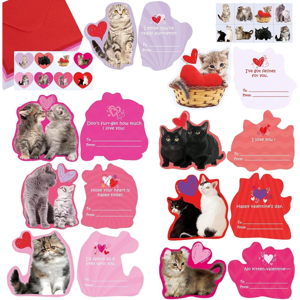 image48 Sets Valentines Day Cards Scratch ampamp Sniff Strawberry Scented Valentine Cards Cat Kitten Pet Love Cards with Envelopes and Heart Stickers Tattoo for Kids Party Favor School Classroom Gift Exchange