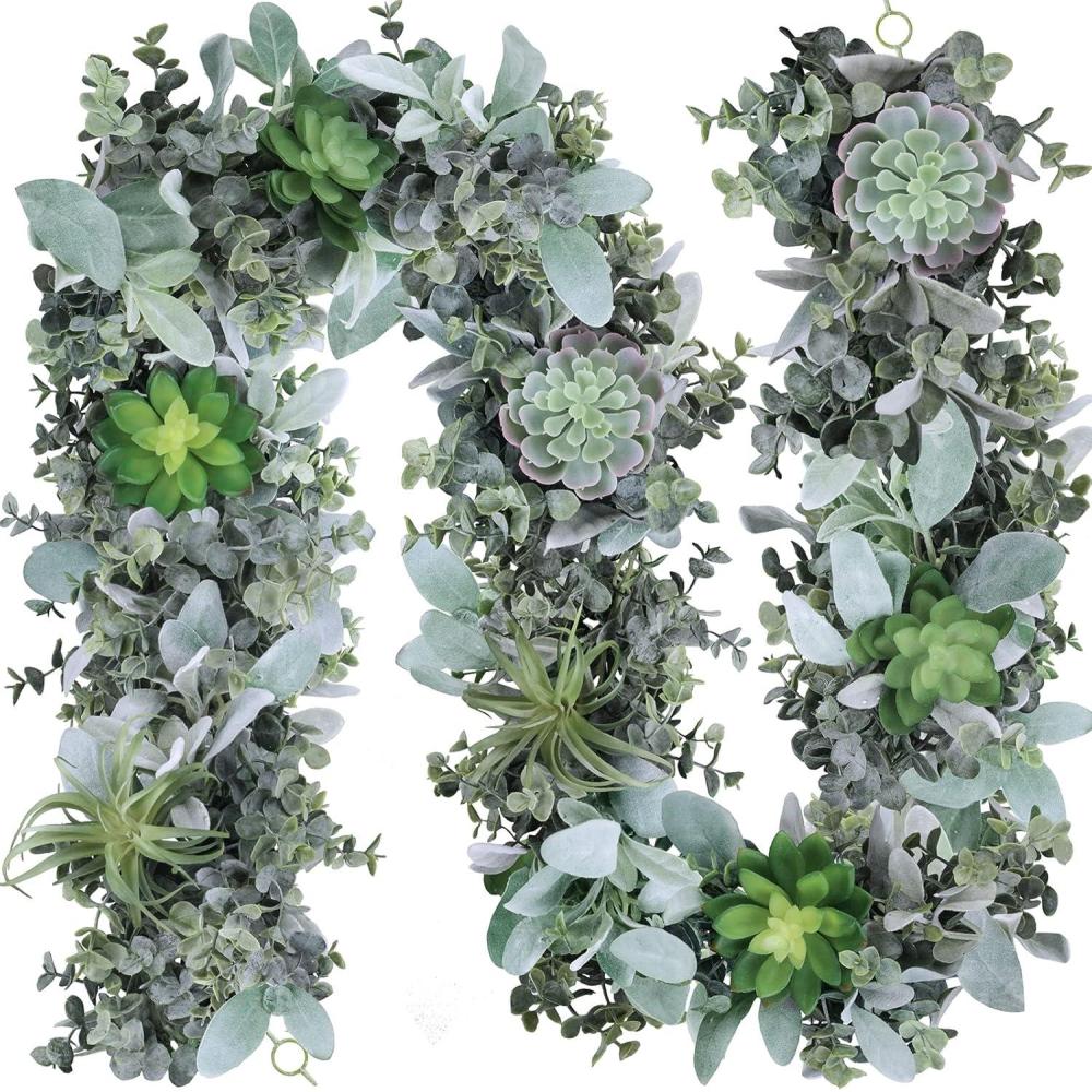 image6 Long Faux Mixed Eucalyptus Leaves and Lambs Ear Leaves Garland with 8 Pcs Artificial Succulents for Farmhouse Wedding Arch Backdrop Table Runner Centerpiece Mantel Indoor Outdoor Greenery Decor