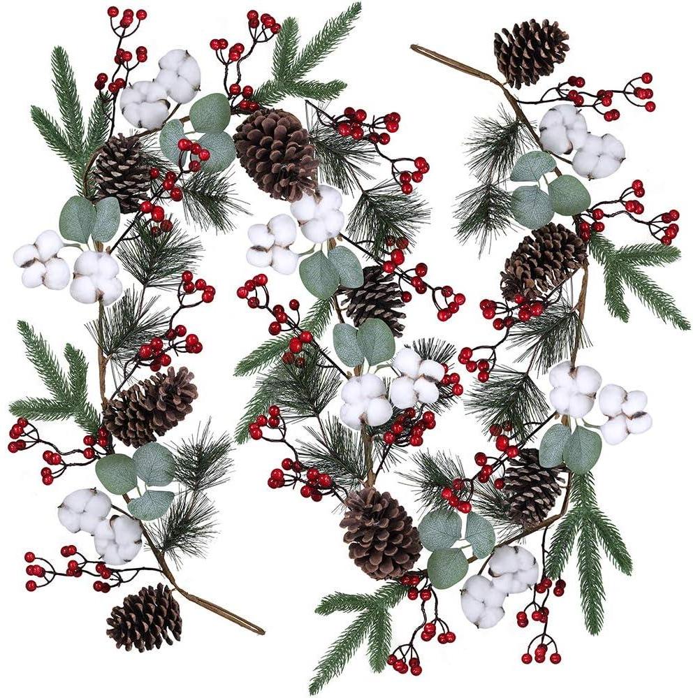 imageArtificial Christmas Pine Garland with Berries Pinecones Spruce Eucalyptus Leaves Cotton Balls Winter Greenery Garland for Holiday Season Mantel Fireplace Table Runner Centerpiece Dcor 6 feet