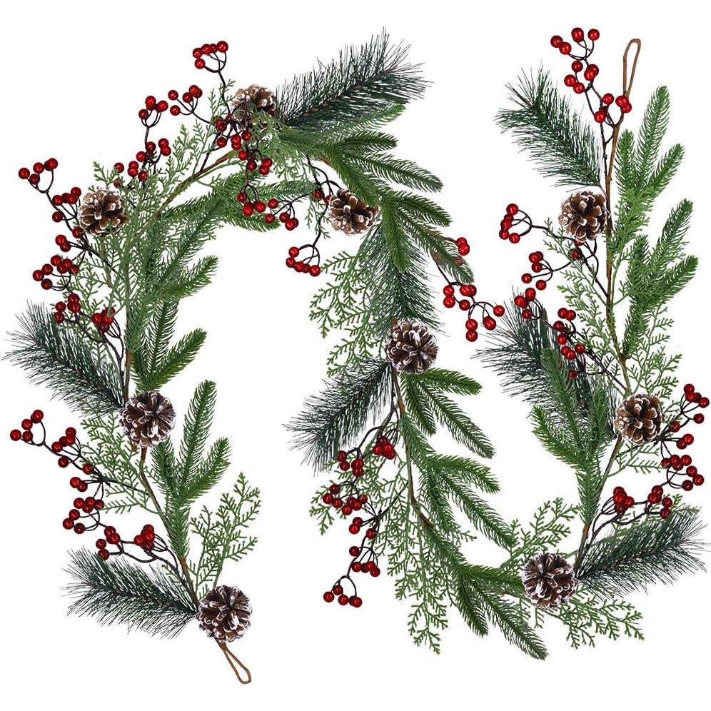 imageChristmas Artificial Pine Garland with Spruce Cypress Berries Frosted Pinecones Winter Greenery Garland for Holiday Season Mantel Fireplace Table Runner Centerpiece Decoration 66 feet
