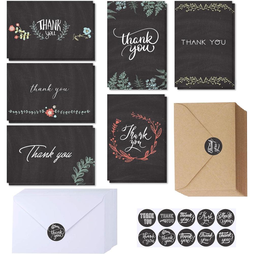 imageSupla 150 Sets Thank You Cards with Envelopes Stickers Bulk Thank You Notes 6 Designs of Chalkboard Floral Thank You Note Cards Vintage Blank Thank You Card 4 x 6 for Wedding Bridal Baby Shower