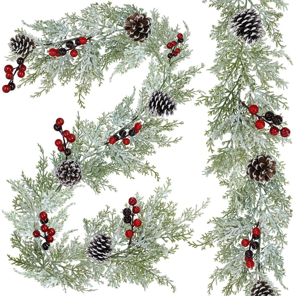 imageWinly 2 Pcs Artificial Snowy Cedar Garland with Pine Cones and Red Berries Christmas Greenery Garland 6 Ft Christmas Wedding Winter Holiday Party Table Runner Mantle Seasonal Centerpiece Decoration