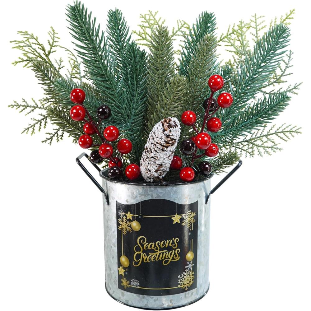 imageWinlyn 1 Pack Christmas Floral Arrangement Centerpieces Artificial Pine Needle Cedar Red Berry Pinecone in Galvanized Pots Small Potted Christmas Tree 124quot Tall for Holiday Home Mantel Tabletop Dcor