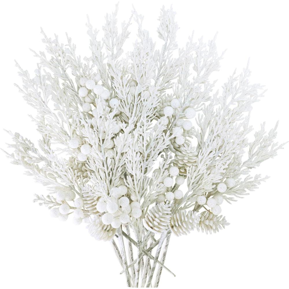 imageWinlyn 12 Pcs Christmas Artificial Pine Branches White Glittered Pine Needles with Pinecone and Berries Christmas Floral Picks 142quot for White Christmas Tree Wreath Swag Holiday Winter Wedding BouquetWhite