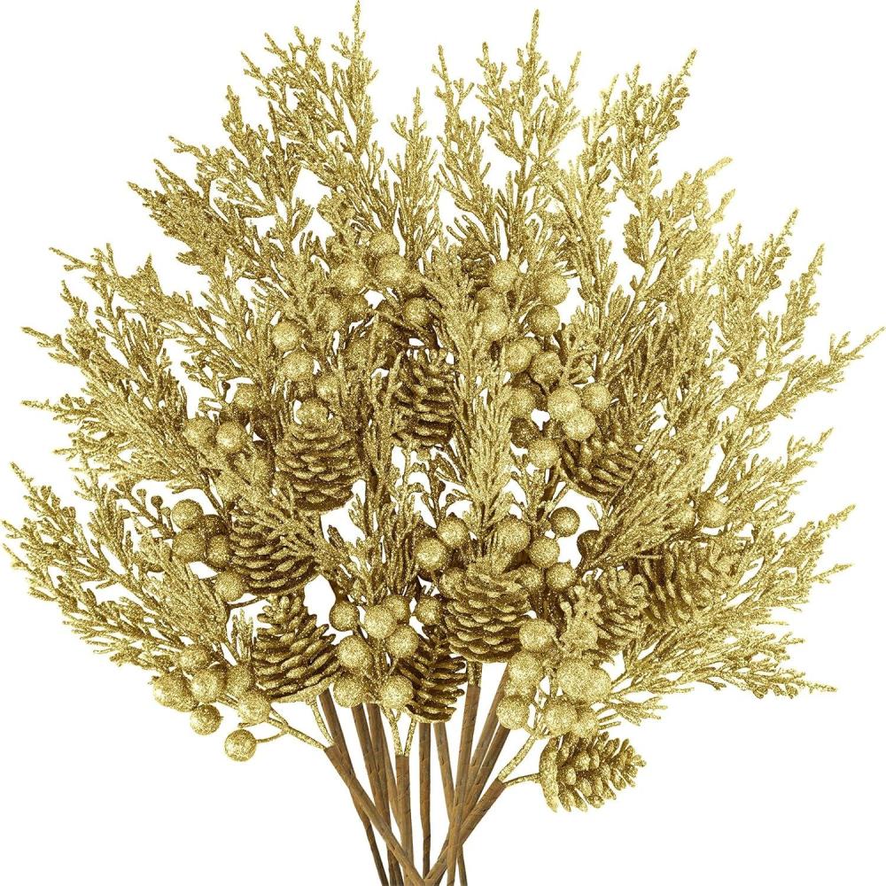 imageWinlyn 12 Pcs Christmas Artificial Pine Branches White Glittered Pine Needles with Pinecone and Berries Christmas Floral Picks 142quot for White Christmas Tree Wreath Swag Holiday Winter Wedding BouquetGold