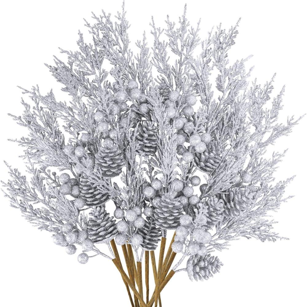 imageWinlyn 12 Pcs Christmas Artificial Pine Branches White Glittered Pine Needles with Pinecone and Berries Christmas Floral Picks 142quot for White Christmas Tree Wreath Swag Holiday Winter Wedding BouquetSilver