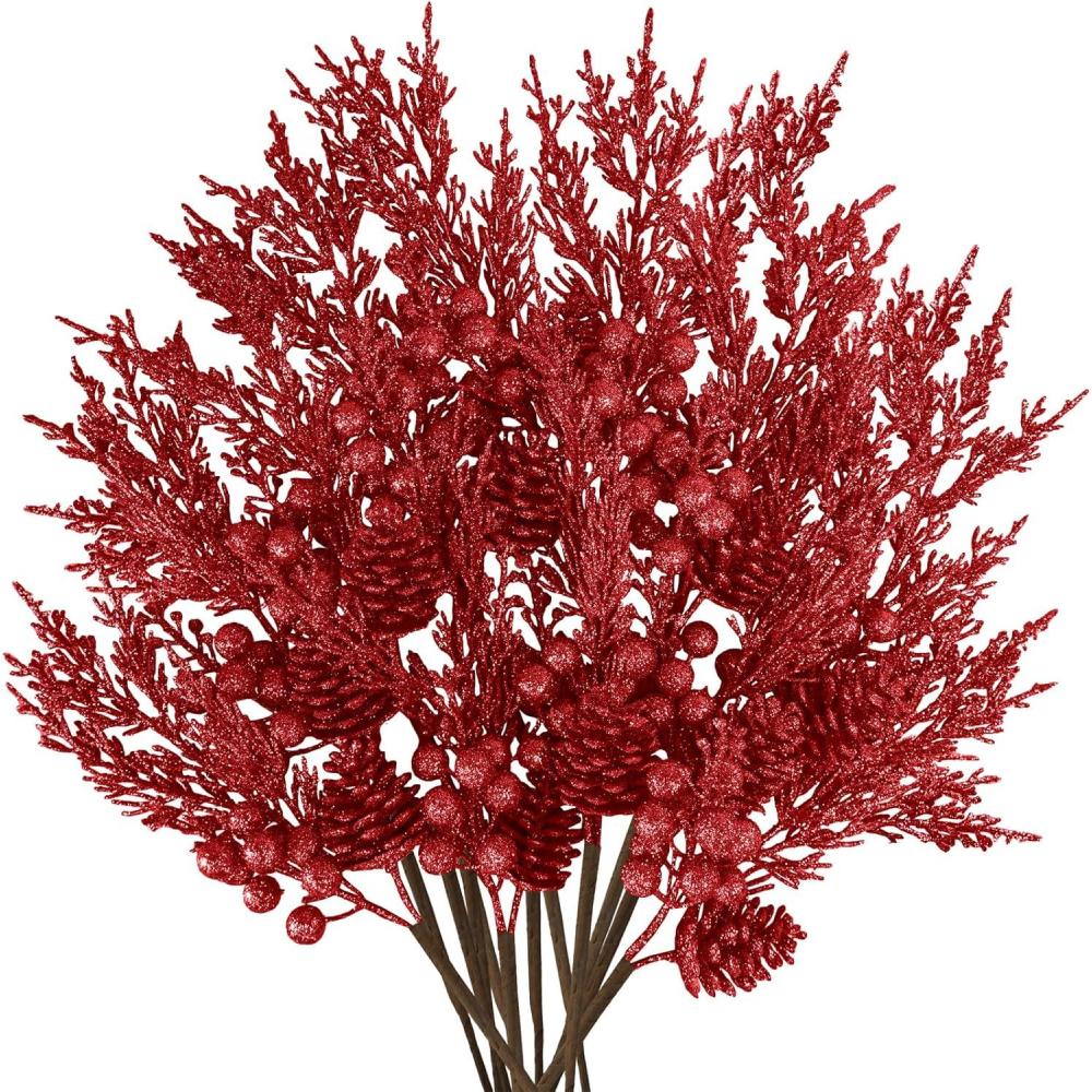 imageWinlyn 12 Pcs Christmas Artificial Pine Branches White Glittered Pine Needles with Pinecone and Berries Christmas Floral Picks 142quot for White Christmas Tree Wreath Swag Holiday Winter Wedding BouquetRed