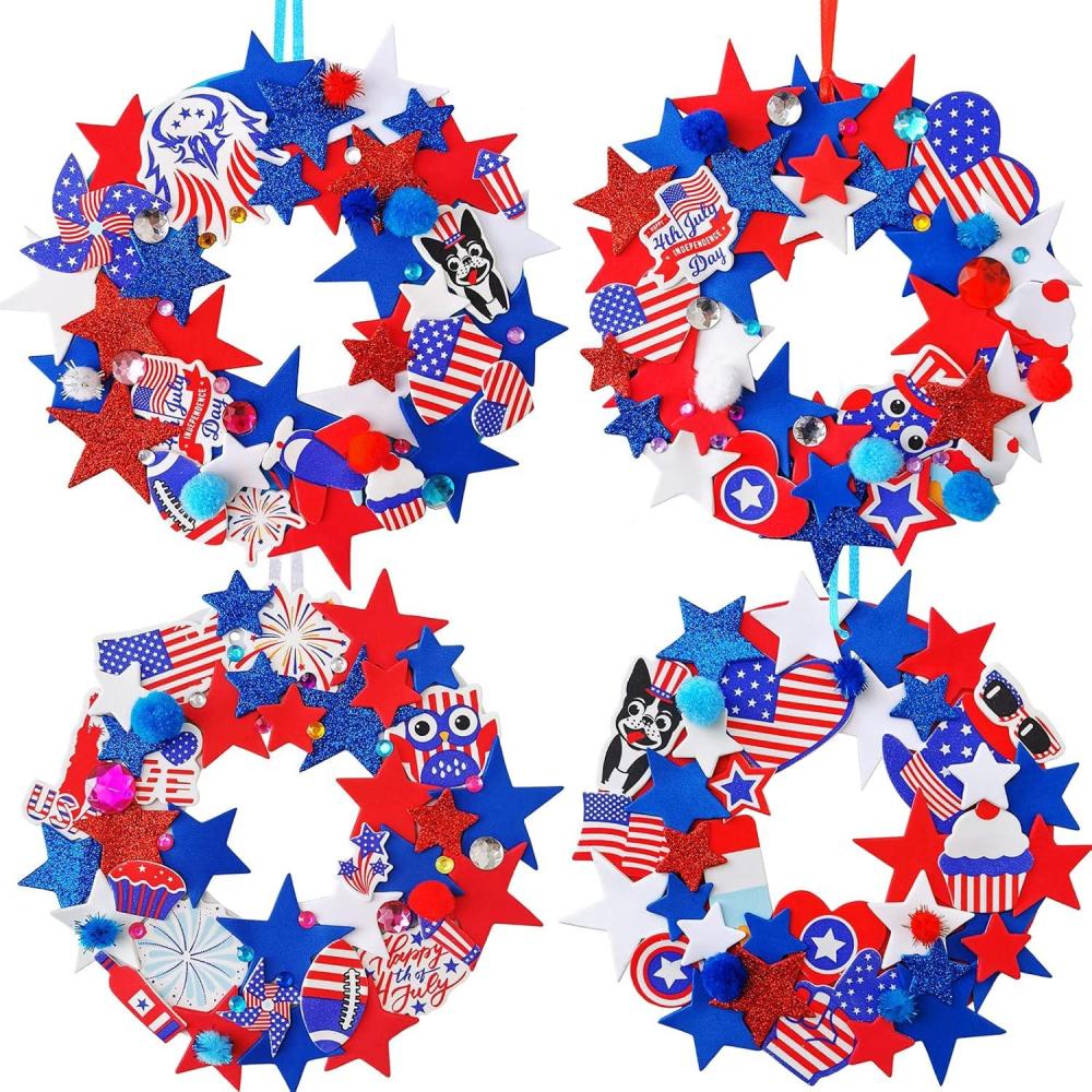 imageWinlyn 12 Sets 4th of July Craft Kits Patriotic Crafts DIY Patriotic Wreath Signs Ornaments Decorations Art Sets Red White Blue Star USA Flag Pinwheel Foam Stickers Arts and Crafts for Kids Activities