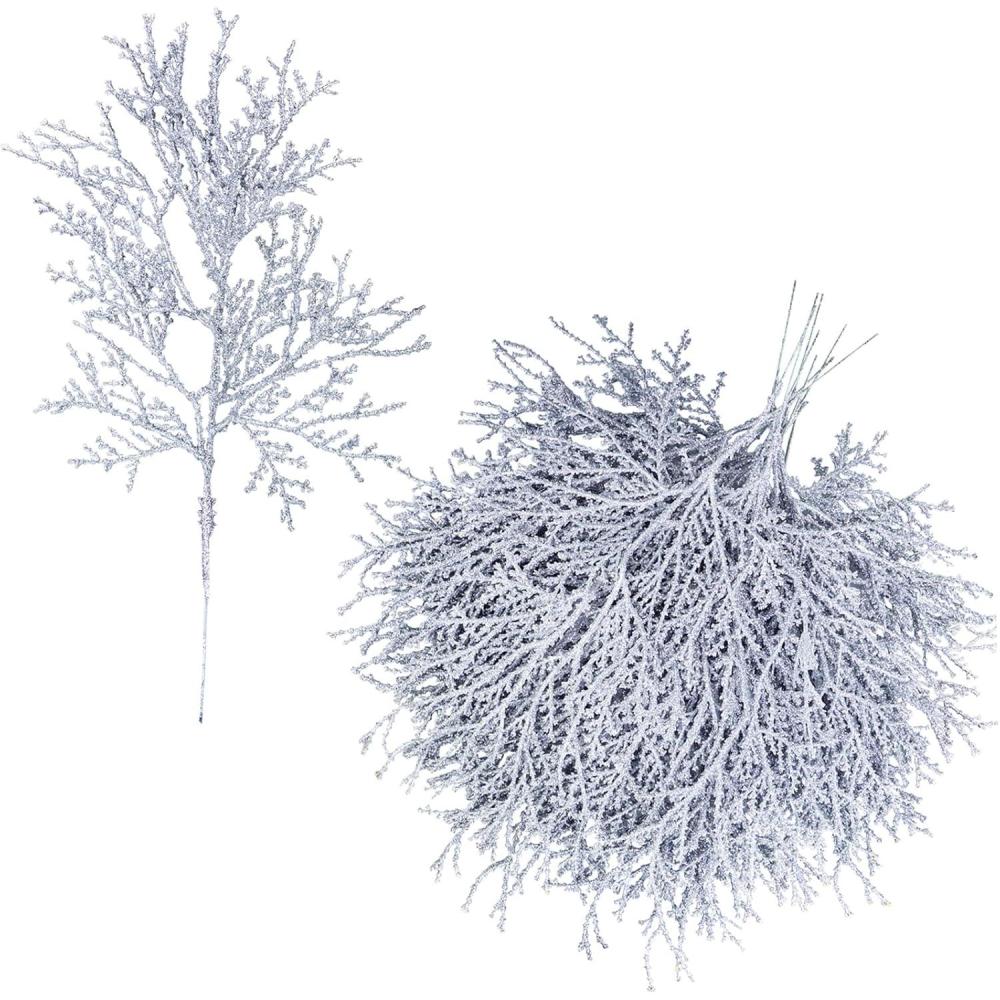 imageWinlyn 15 Pcs Silver Glitter Artificial Cedar Sprigs Picks Faux Cedar Branches Stems Christmas Tree Picks Sprays 154quot H for Silver Christmas Tree Wreath Swag Winter Wedding Bouquet Centerpiece DcorSilver