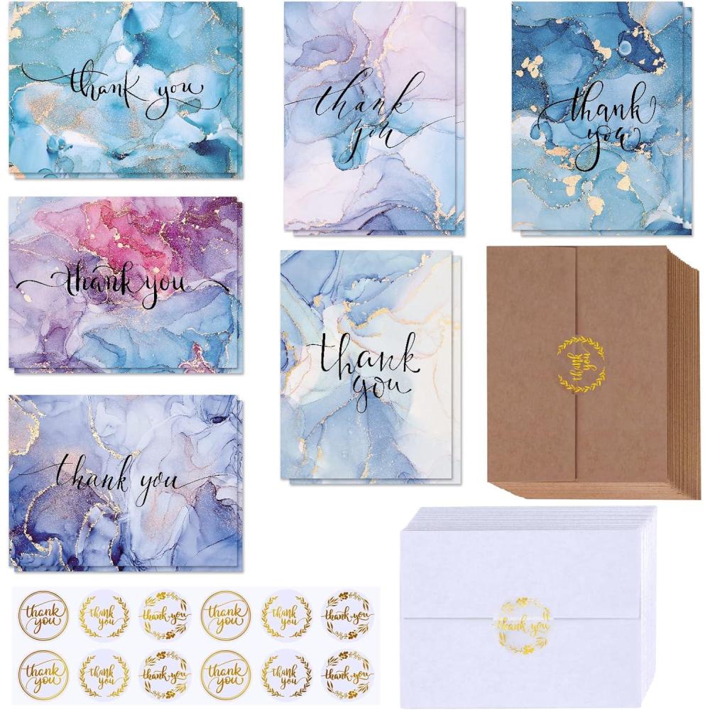 imageWinlyn 150 Sets Bulk Blank Thank You Cards with Envelopes Stickers Assortment 6 Designs of Watercolor Marbling Thank You Greeting Cards Note Cards for Wedding Baby Bridal Shower Birthday All Occasions