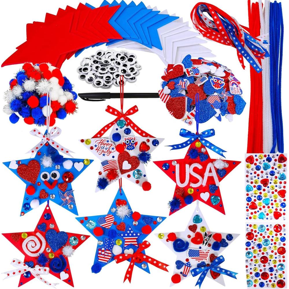 imageWinlyn 18 Sets 4th of July Craft Kits Patriotic Kids Crafts DIY Patriotic Star Ornaments Decorations Art Sets Red White Blue Star Foam Shapes Patriotic Foam Stickers for Classroom Party Activities