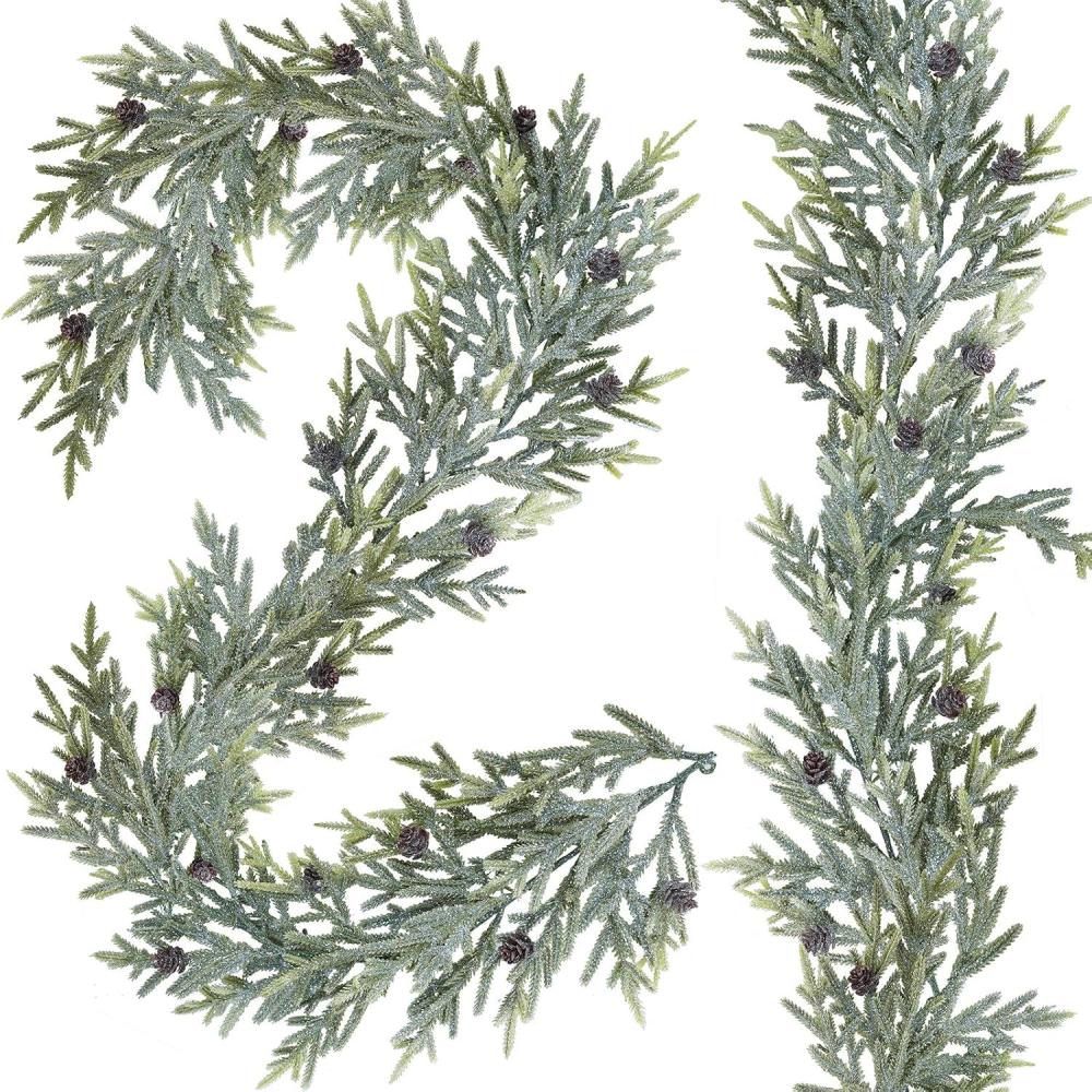 imageWinlyn 2 Pack Frosted Artificial Christmas Pine Garland with Pine Cones Winter Greenery Garland 6 L for Christmas Winter Seasonal Holiday Wedding Table Runner Centerpiece Mantel Tree Decorations