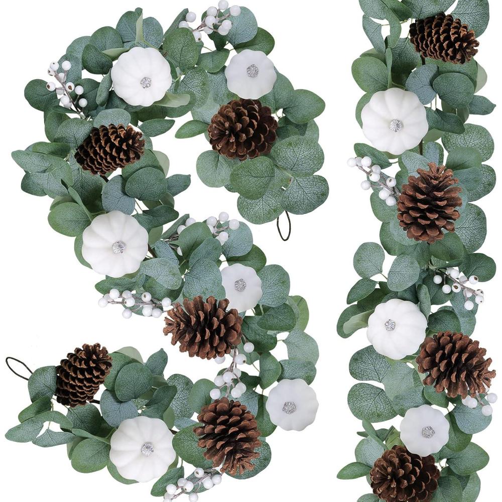 imageWinlyn 2 Pack White Pumpkin Garland with Eucalyptus Pinecones Berries Fall Foliage for Wedding Arch Thanksgiving Table Farmhouse Decor