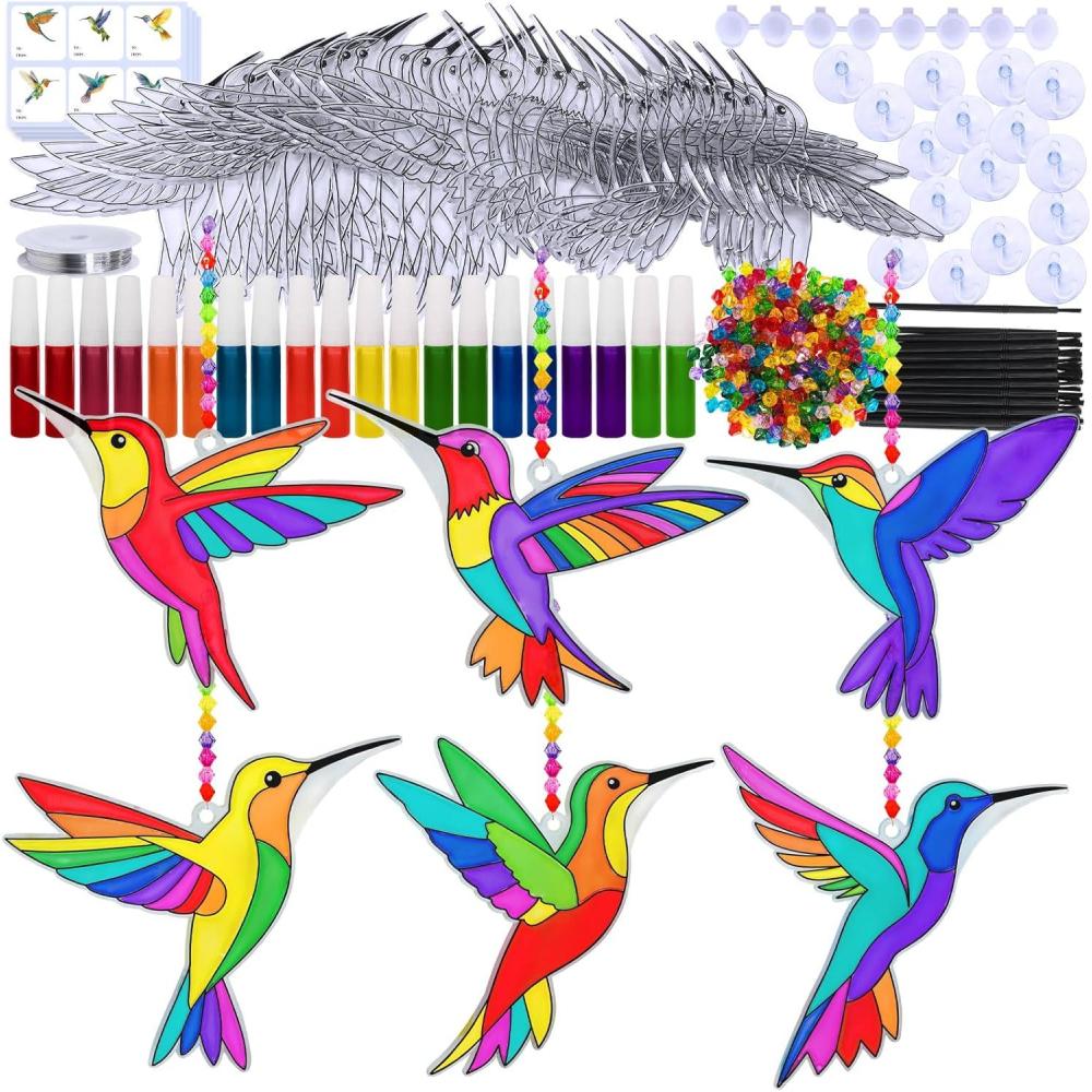 imageWinlyn 24 Sets Hummingbird Suncatcher Decorations DIY Window Paint Art Craft Kits Rainbow Bird Painting Kit for Kids Classroom Activities Birthday Spring Summer Camping Party Art Project