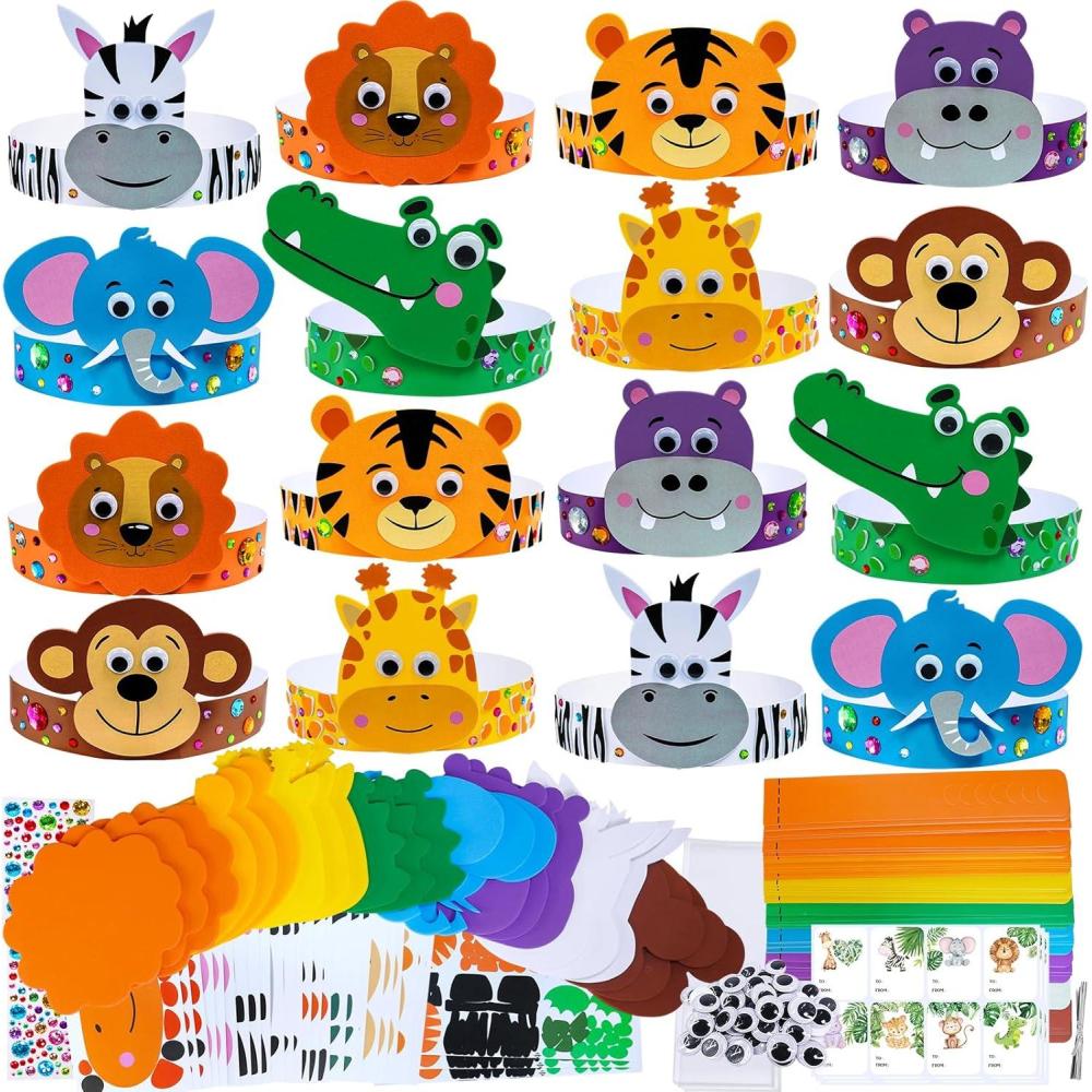 imageWinlyn 24 Sets Jungle Animal Headbands Craft Kits Safari Crown Art Sets DIY Zoo Party Headbands Foam Stickers Arts and Crafts for Kids Jungle Safari Birthday Activities Party Favors Decorations