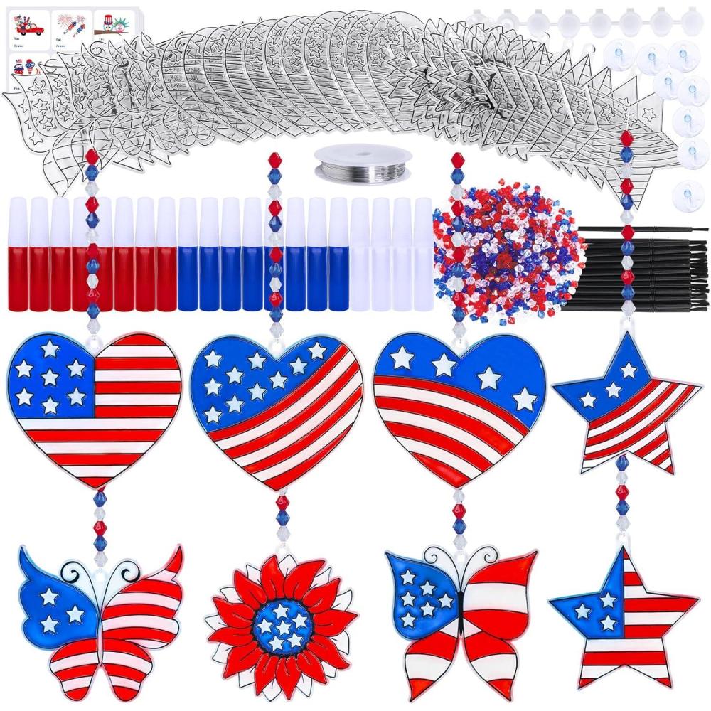 imageWinlyn 24 Sets Patriotic Suncatchers Ornaments Decorations DIY Window Paint Art Stickers Craft Kit USA Star Heart Sun Catchers for Kids Classroom 4th of July Activity Art Projects Party Favors