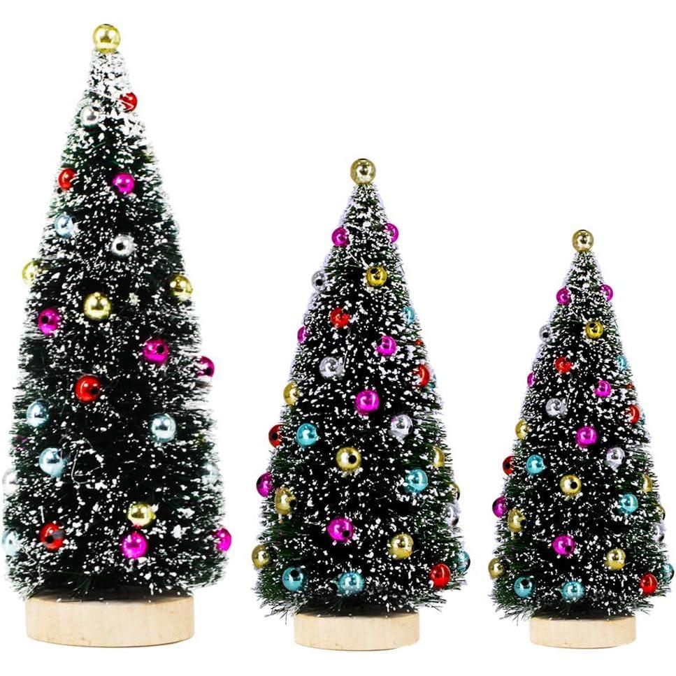 imageWinlyn 3 Pack Artificial Mini Tabletop Christmas Trees Tiny Frosted Bottle Brush Trees Decorated Small Sisal Trees with White Snow and Colorful Beads Winter Holiday Miniature Dcor Assorted Sizes
