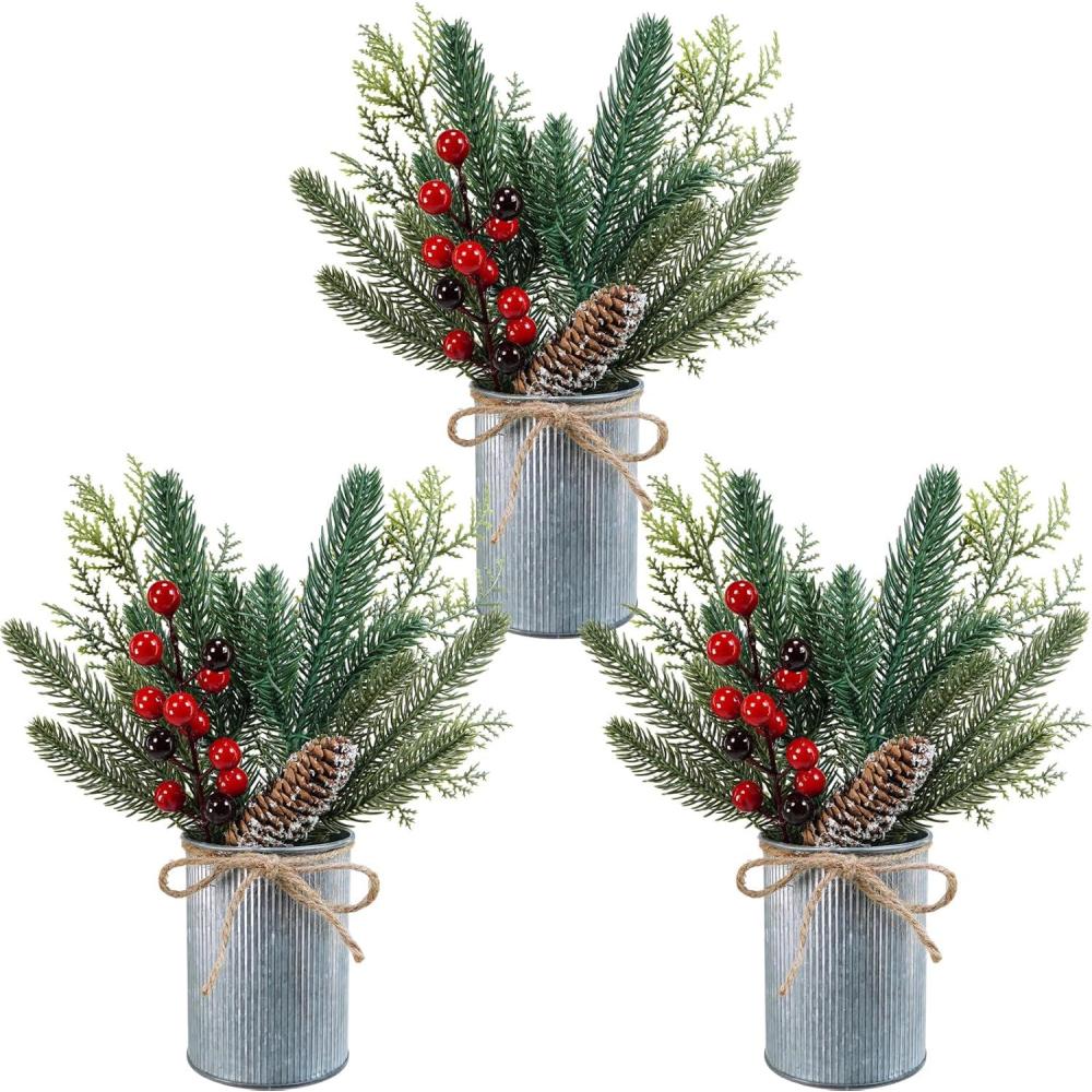 imageWinlyn 3 Pack Christmas Artificial Potted Plants Christmas Greenery Red Berry and Snowy Pinecone in Small Rustic Galvanized Metal Pot Farmhouse Centerpiece for Holiday Winter Home Tiered Tray Tabletop