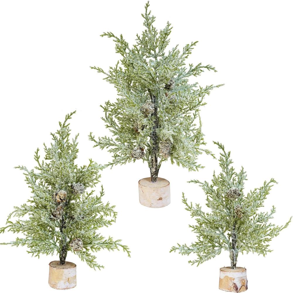 imageWinlyn 3 Pack Mini Artificial Cedar Trees with Pinecones and Wood Bases Small Tabletop Christmas Trees for Winter Rustic Farmhouse Christmas Holiday Seasonal Indoor Table Centerpiece Desk Decoration
