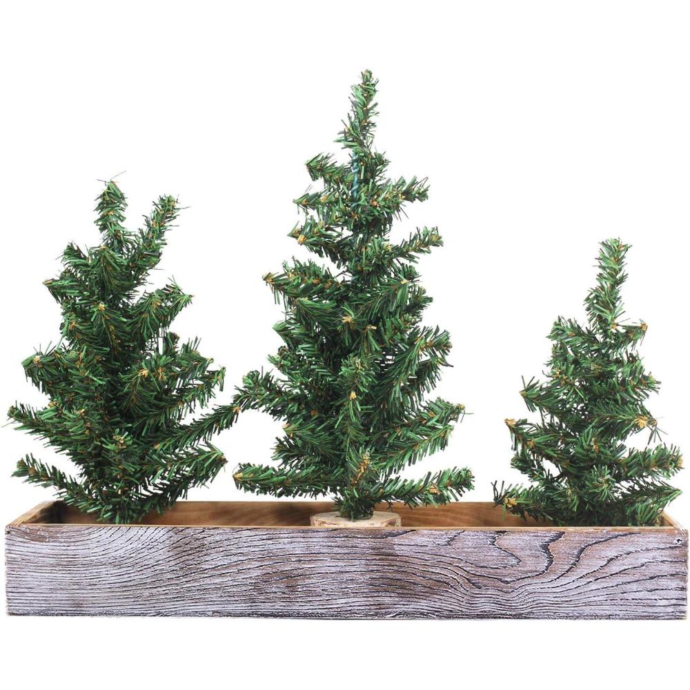 imageWinlyn 3 Pack Mini Canadian Pine Trees with Wood Bases Artificial Miniature Christmas Trees and Rustic Planter for Holiday Season Tabletop Decoration Centerpiece Displays
