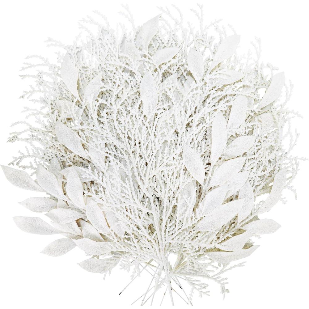 imageWinlyn 30 Pcs Christmas Artificial Leaf Sprays Cedar Picks Silver Glittered Christmas Tree Ornaments Winter Floral Stems for Sliver Christmas Tree Wreaths Centerpieces Holiday Wedding DecorationWhite