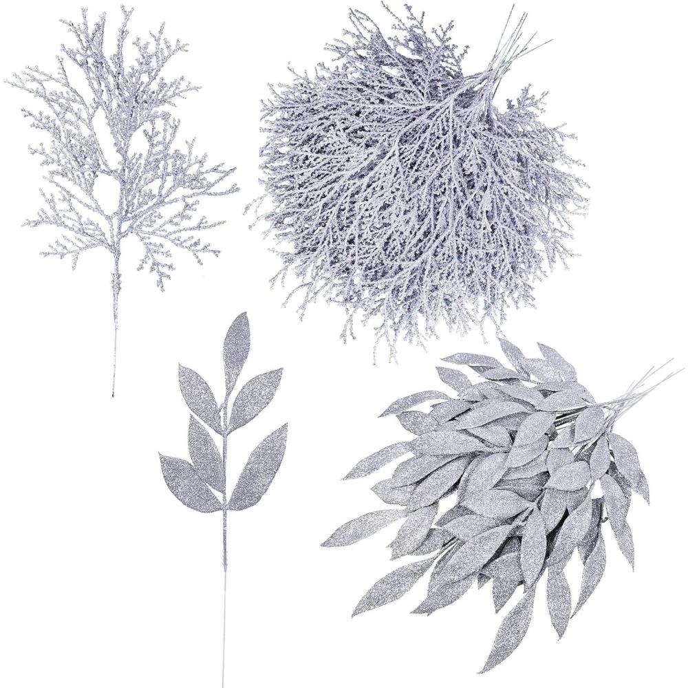 imageWinlyn 30 Pcs Christmas Artificial Leaf Sprays Cedar Picks Silver Glittered Christmas Tree Ornaments Winter Floral Stems for Sliver Christmas Tree Wreaths Centerpieces Holiday Wedding DecorationSilver