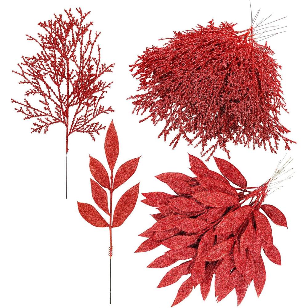 imageWinlyn 30 Pcs Christmas Artificial Leaf Sprays Cedar Picks Silver Glittered Christmas Tree Ornaments Winter Floral Stems for Sliver Christmas Tree Wreaths Centerpieces Holiday Wedding DecorationRed