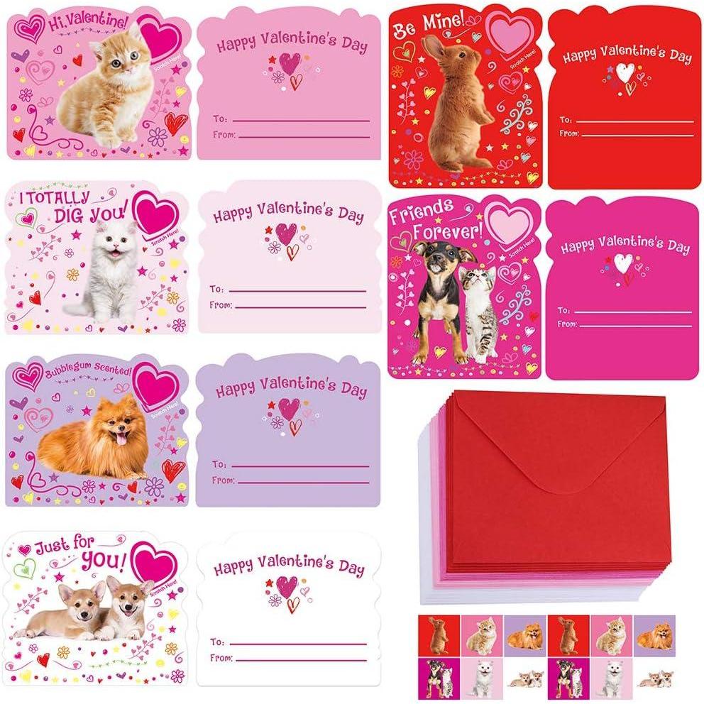 imageWinlyn 30 Sets Valentines Day Cards Pet Dog Cat Rabbit Greeting Cards Scratch ampamp Sniff Valentine Cards with Envelopes Stickers for Kids Boy Girl Brithday Party Favors School Classroom Gift Exchange