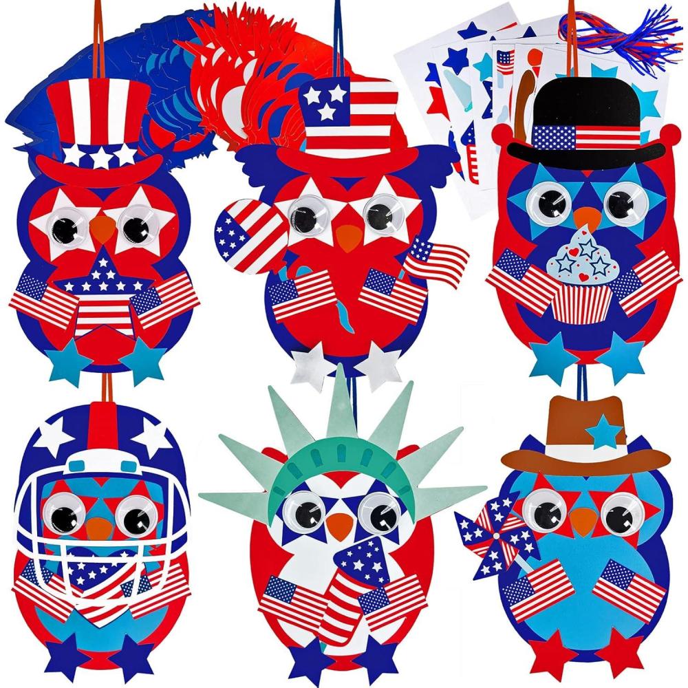 imageWinlyn 36 Sets 4th of July Craft Kits Patriotic Crafts DIY Owl Ornaments Decorations Art Sets Owl Shapes with Red White Blue USA Flag Patriotic Star Stickers for Kids Party Classroom Activities